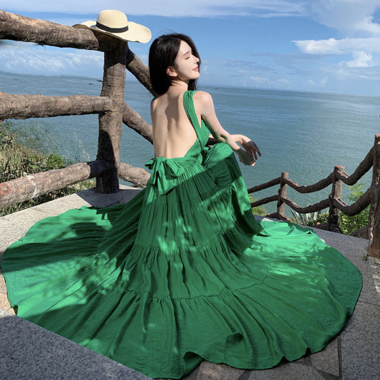 2025 high-end strap neck swing skirt female sexy backless romantic vacation white green split-ended long dress