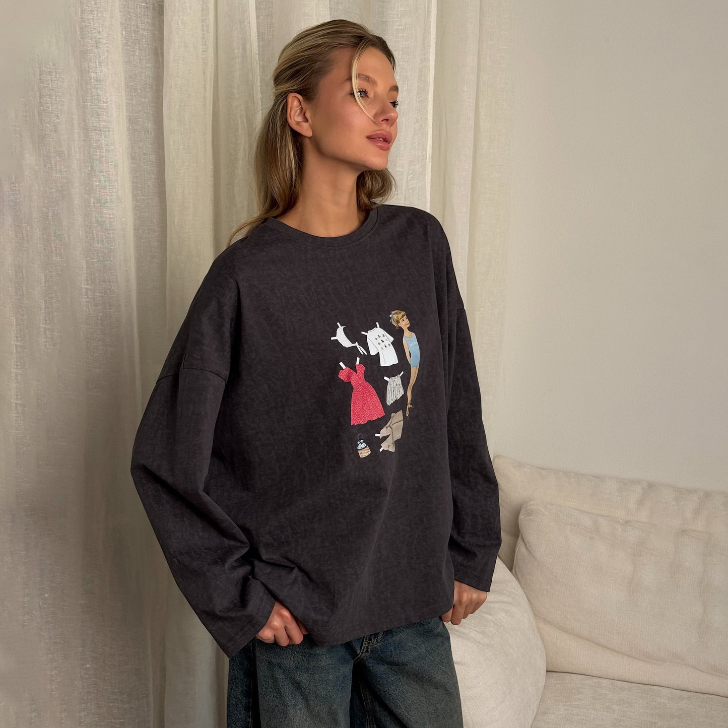 ins style old lazy printing T-shirt top long sleeve round neck casual loose versatile and thin design sense T