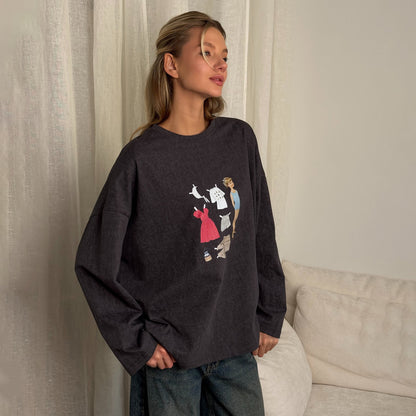 ins style old lazy printing T-shirt top long sleeve round neck casual loose versatile and thin design sense T