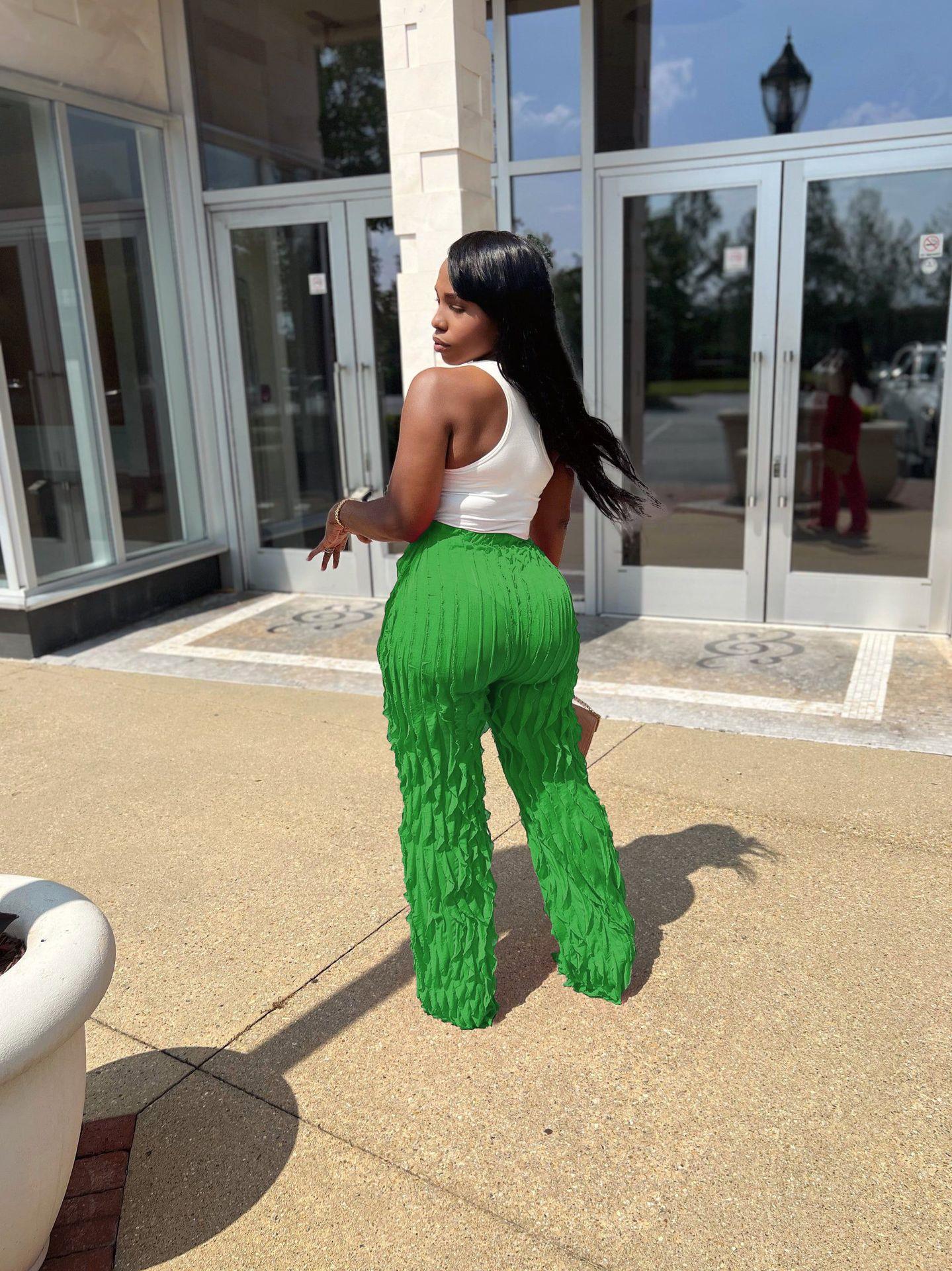 FLOWERSVERSE  Y1260  European and American Women's Clothing Cross-Border Supply Mesh Wave Pattern Ruffled Loose High Waist Wide Leg Trousers