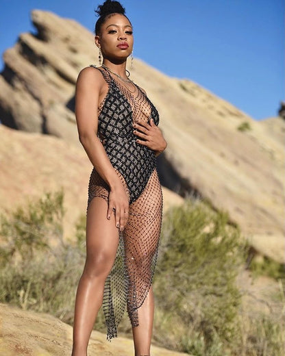 Popular, 2025 2020ins Popular trade New nightclub personalized sexy hollow rhinestone mesh drill mesh dress fz1013