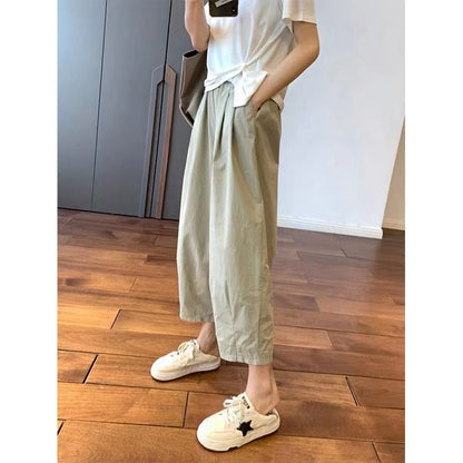 flowersverse Thin Wide-Leg Cropped Pants Women's Summer Casual Straight Pants Japanese Style Simple Slimming Solid Color Workwear Pants