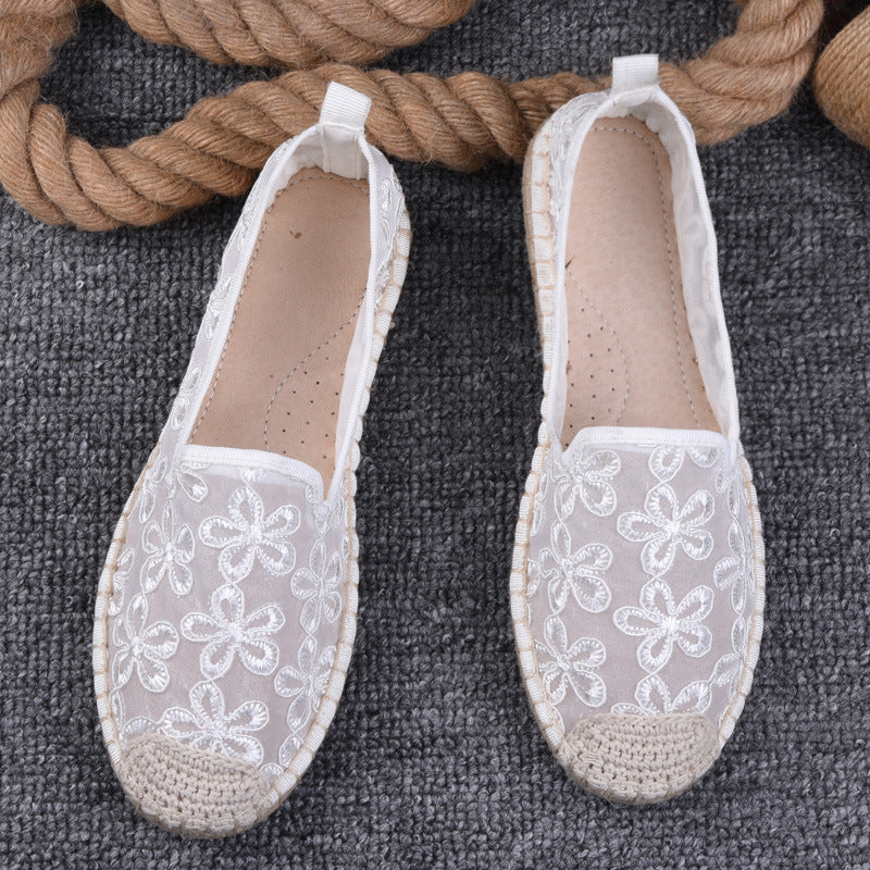 flowersverseSummer Women's Shoes Thin Pumps Linen Fisherman Shoes Women's Slip-on Lace Hollow-out Old Beijing Soft Bottom Cloth Shoes