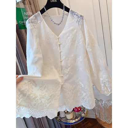 3587 Spot Lace Shirt Summer  New Premium Embroidered Shirt Large Size New Chinese National Style Top