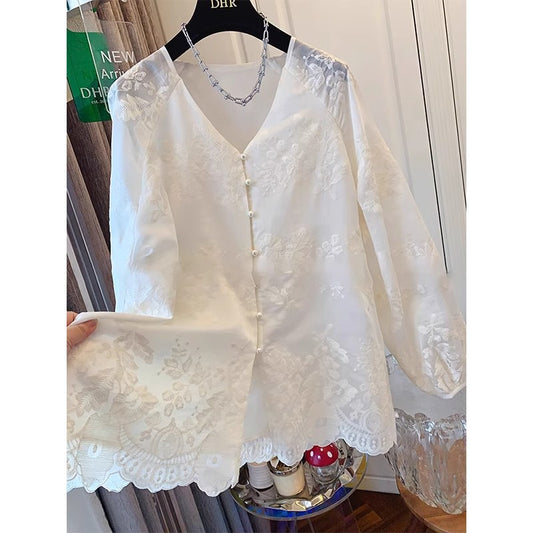 3587 Spot Lace Shirt Summer  New Premium Embroidered Shirt Large Size New Chinese National Style Top