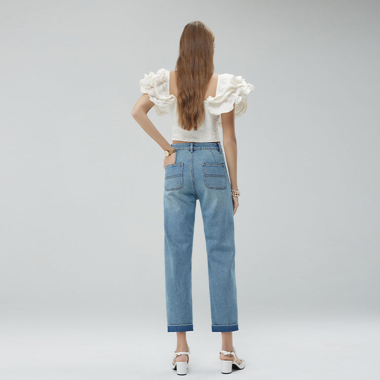 2025 Spring new Xinjiang long-staple cotton, anti-wrinkle roll-edge women's jeans, high waist and thin nine-point pants for women