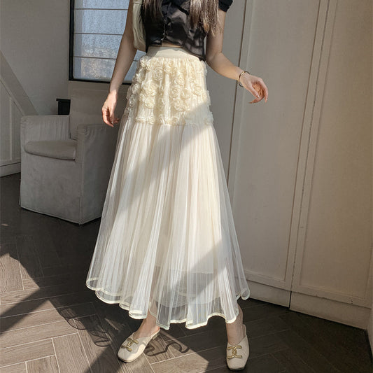 2025 fashion versatile three-dimensional flower mesh skirt women's spring wear high waist thin small long skirt