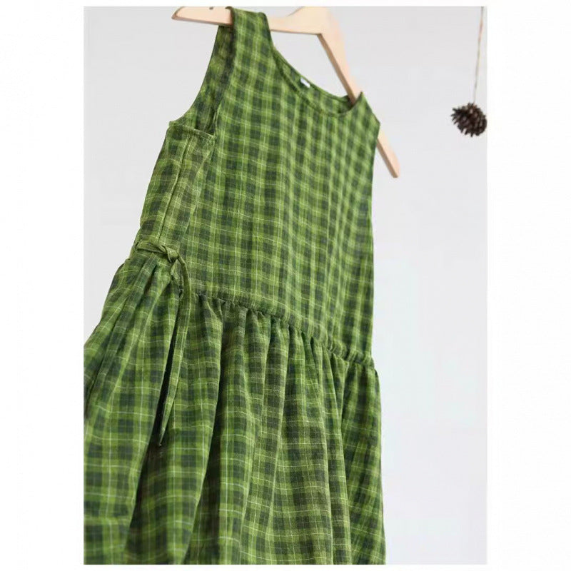 Cotton and linen green plaid fresh and white sleeveless waist drawstring summer dress literary skirt travel dress
