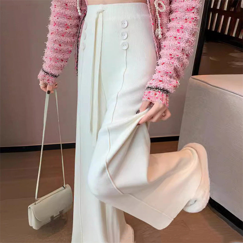 flowersverse Women's Wide-Leg Pants High Waist Drooping Straight Loose Casual Mopping Pants Autumn and Winter New Button Design Knitted Trousers