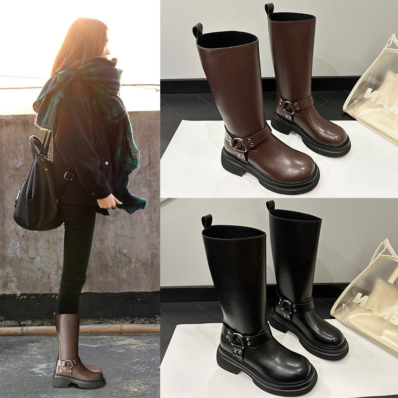 2025 Boots Women's but knee knight boots  autumn new thick-soled heightening locomotive boots belt buckle high boots