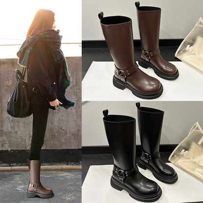 2025 Boots Women's but knee knight boots  autumn new thick-soled heightening locomotive boots belt buckle high boots