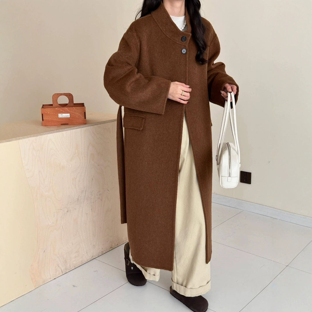 2025 Solid color stand-up collar extended strap-up high-end double-sided woolen cashmere coat women's wool woolen coat to keep warm in autumn and winter