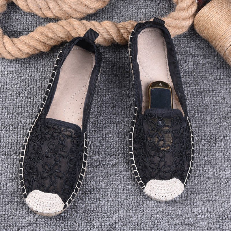 flowersverseSummer Women's Shoes Thin Pumps Linen Fisherman Shoes Women's Slip-on Lace Hollow-out Old Beijing Soft Bottom Cloth Shoes