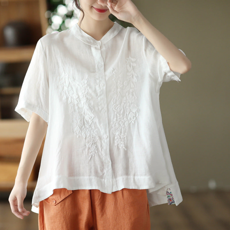 Retro literary and artistic embroidered cotton and linen shirt summer  new temperament loose shirt casual top women