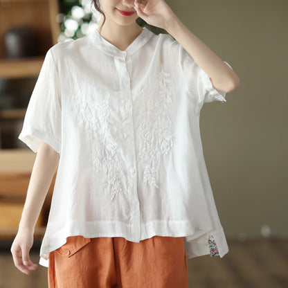 Retro literary and artistic embroidered cotton and linen shirt summer  new temperament loose shirt casual top women