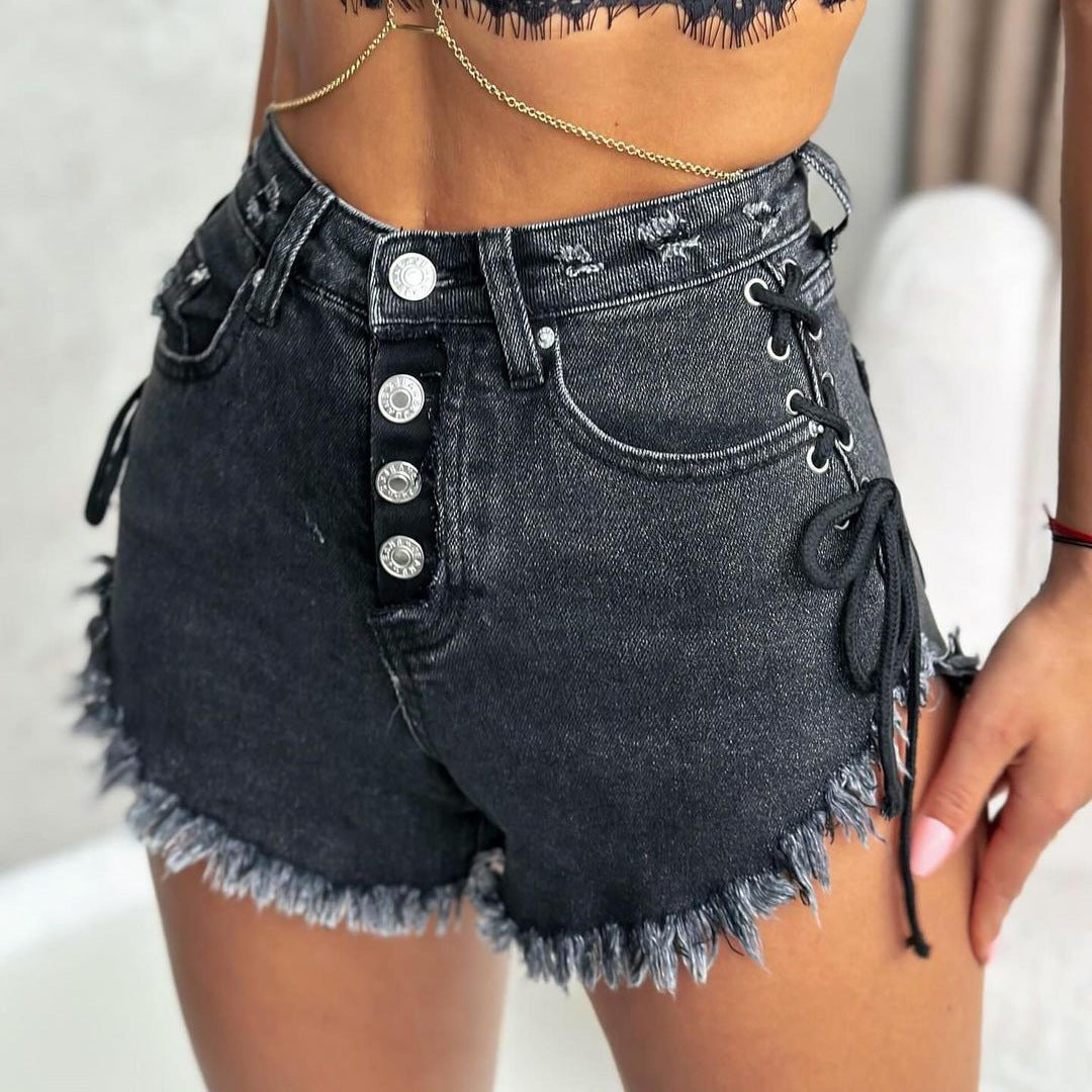 popular new high waist strap design sense slim body lift hip rough edge thin Spice girl denim shorts wholesale