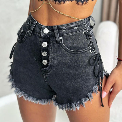 popular new high waist strap design sense slim body lift hip rough edge thin Spice girl denim shorts wholesale