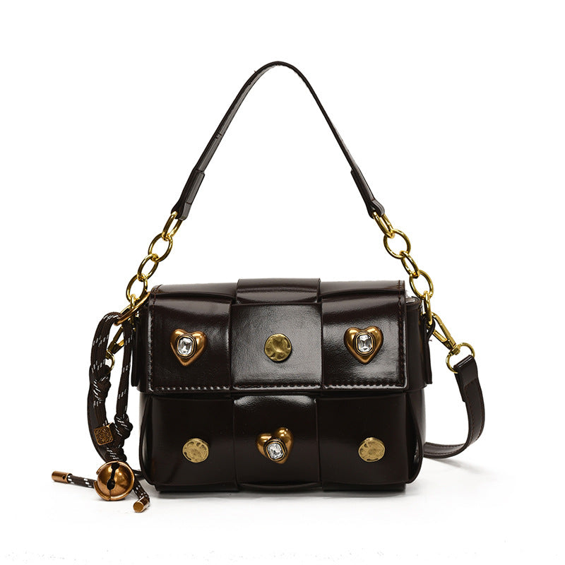 FLOWERSVERSE 2025 Bag women's autumn and winter senior sense of love diamond-encrusted woven wind flip small square bag handbag Internet celebrity Popular style messenger bag