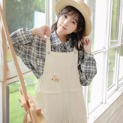 flowersverse Spring and Summer New Korean Style Preppy Style Almond White Cute Youth-Looking Loose Pockets Denim Suspender Trousers Women