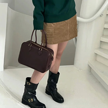 FLOWERSVERSE  High-End Quality  New First Layer Cowhide FINSBURY Leather Feather Bag Versatile Retro Handbag Women's Small Square Bag