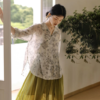 New Chinese style, ink pattern fairy long-sleeved top 2418 retro skirt set women, summer two-piece set