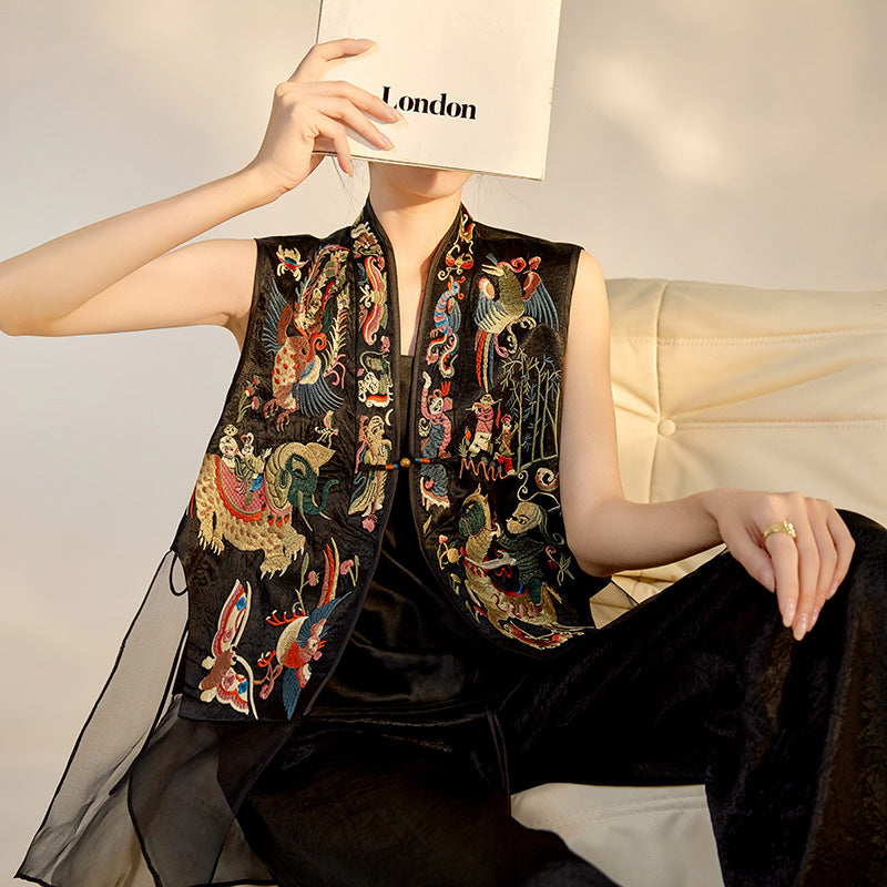 New Chinese style national style high-grade mulberry silk heavy industry buckle embroidery splicing mesh yarn retro vest women M6063