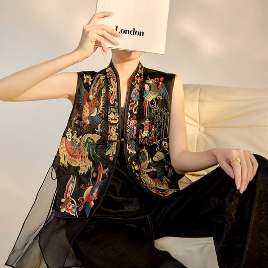 New Chinese style national style high-grade mulberry silk heavy industry buckle embroidery splicing mesh yarn retro vest women M6063