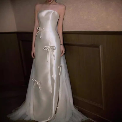 2025 Korean super fairy light wedding dress  new high-end satin bridal welcome dress temperament light luxury fishtail tube top dress