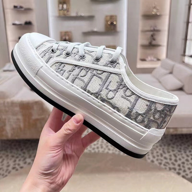 flowersverseFashionable Brand Embroidered Canvas Shoes for Women  Spring New D Home Thick Bottom Retro Presbyopic Letters Casual Sports Skate Shoes