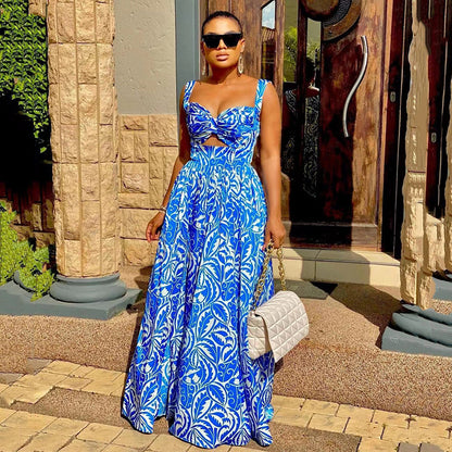 S9307  New summer new  women's clothing fashionable and sexy dress suspender printing split-ended long dress