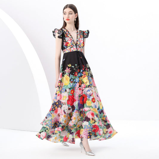 court style deep V-neck small flying sleeves waist thin single-breasted printing split-ended ruffle edge holiday dress