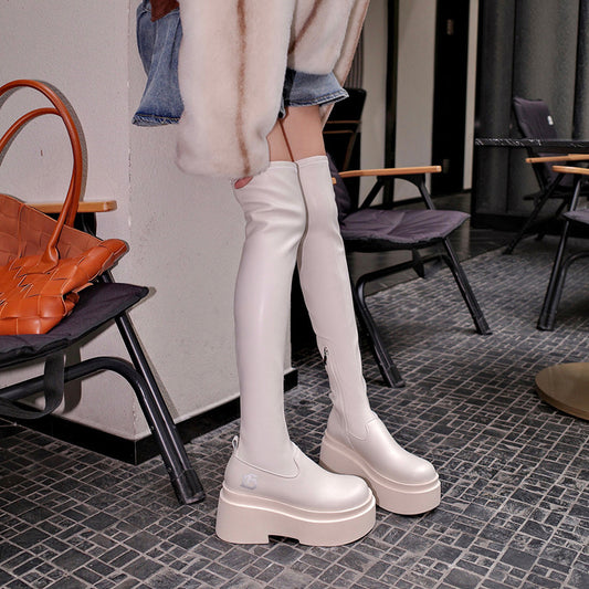 2025  Height-increasing knee boots Women's elastic and thin thick-soled boots Sweet and cool big tube circumference Thick legs Fat MM tall tube