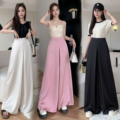 flowersverse High-Grade Acetate Silky Satin Casual Pants Women's Drooping Wide-Leg Pants Skirt  Summer New Solid Color High Waist Trousers