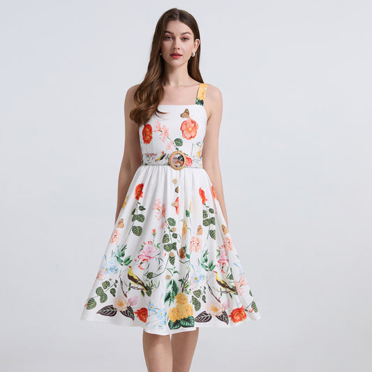 New Popular trade export spring and summer women's clothing new slim and thin pendulum printing medium and long suspender dress