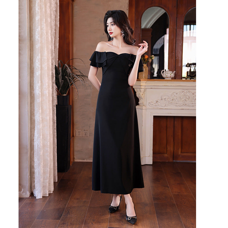 2025 One-word shoulder black evening dress women's banquet temperament high-end dress women's light luxury niche host high-end spring