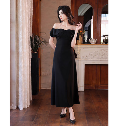 2025 One-word shoulder black evening dress women's banquet temperament high-end dress women's light luxury niche host high-end spring