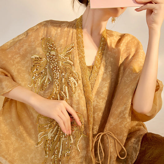 new national style new Chinese high-end design embroidered beads light luxury gold silk loose top women's M5061