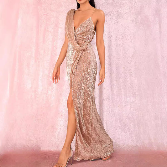 FLOWERSVERSE  new spring and summer banquet design sense single shoulder sequins gold heavy industry evening dress women's fishtail dress dress