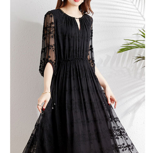 2025 Silk embroidery daughter wind skirt mulberry silk dress  white medium and long large size women's clothing summer