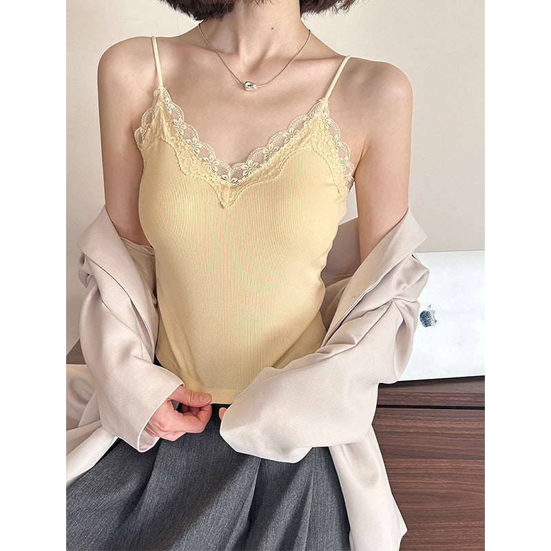 2025  Spring New Lace Sweet and Spicy Small Vest Slim-fit Elastic Top with Chest Pad Bottom Sling 2035