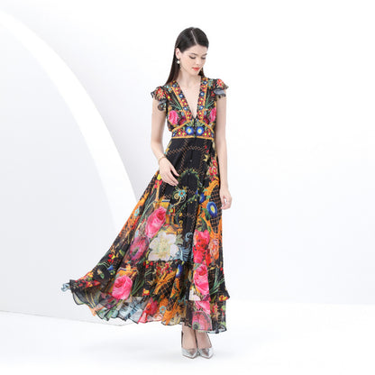 retro court style V-neck sleeveless fashion positioning printing waist thin single-breasted long dress spring