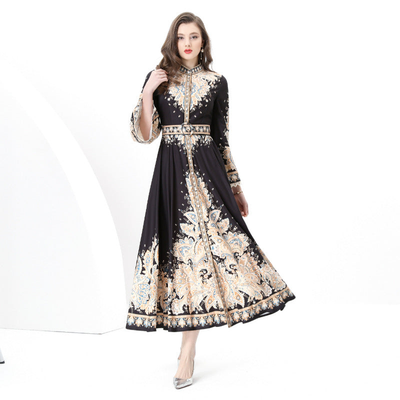 Popular trade export women's clothing court style retro stand-up collar single-breasted printing wide pendulum long dress