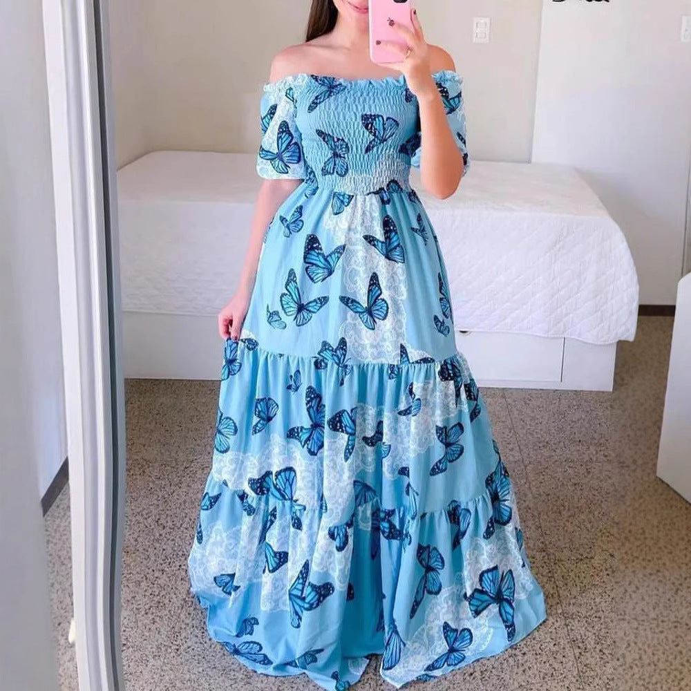 FLOWERSVERSE 20252025  new high-waisted temperament commuter chest-wrapped printing loose blue butterfly printing big pendulum dress