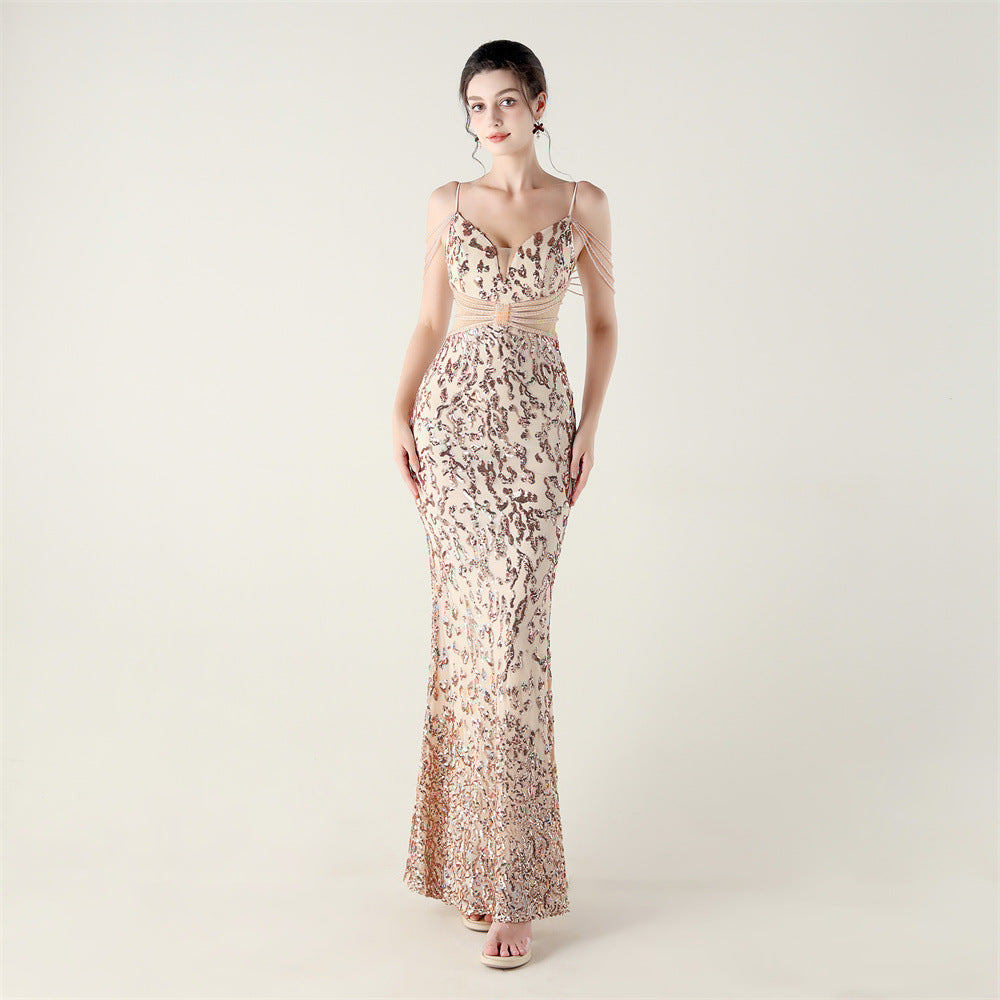 33396 # new heavy industry beaded mid-waist beaded fishtail evening dress, red carpet wedding banquet dress