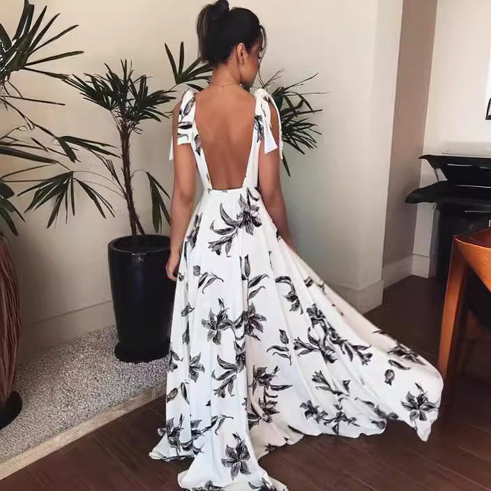 FLOWERSVERSE Cross-border new , Popular, 2025, Popular trade Bohemian air leak back strap suspender printed dress