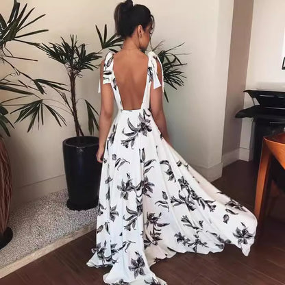 FLOWERSVERSE Cross-border new , Popular, 2025, Popular trade Bohemian air leak back strap suspender printed dress