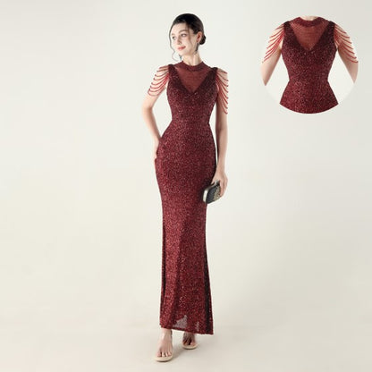 33553 # new turtleneck fishtail evening dress, beaded embroidered sequined crystal diamond decoration, red carpet wedding banquet dress