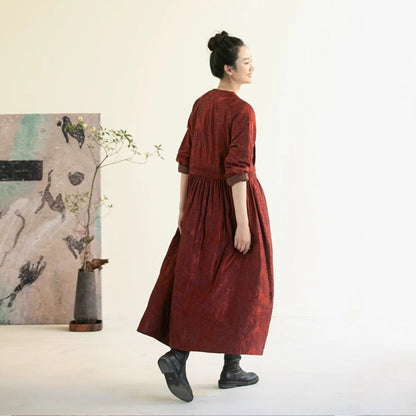 Dress women's spring high-end sense, jacquard Ankola red V-neck zen loose long-sleeved long skirt B1106