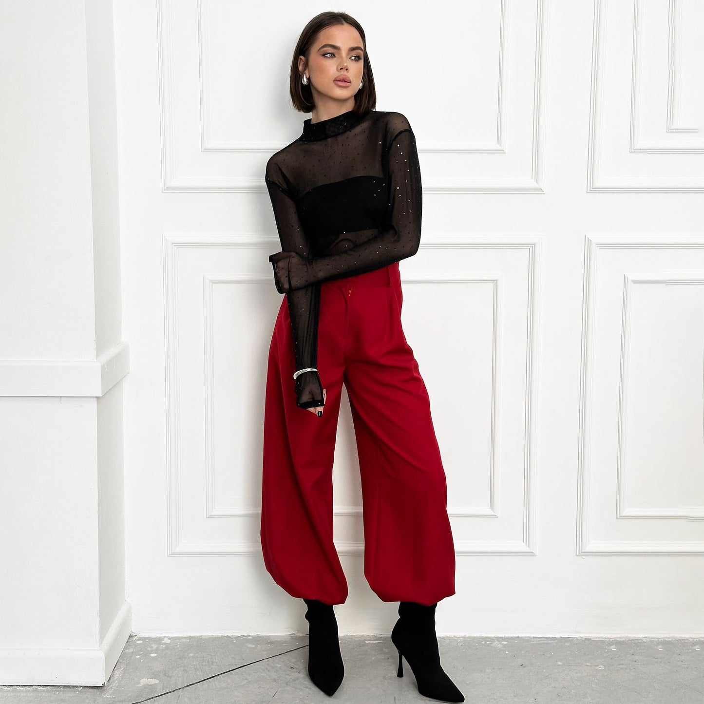 spring and summer new high-end hot diamond mesh see-through long-sleeved T-shirt wearing Spice Girl fashion design top