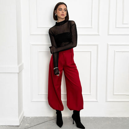 spring and summer new high-end hot diamond mesh see-through long-sleeved T-shirt wearing Spice Girl fashion design top